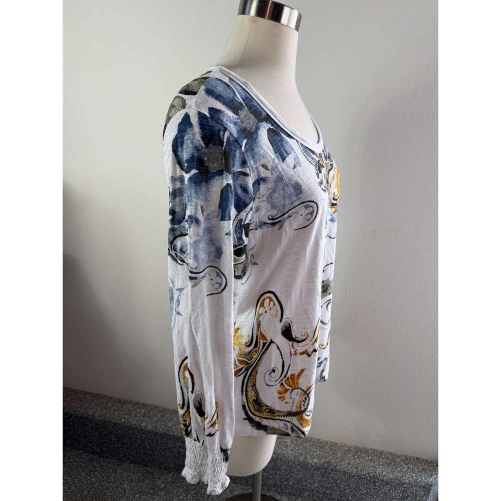 Chicos Women Large White Floral Paisley Slub Knit Scoop Neck Smocked Cuff Top - Picture 6 of 10
